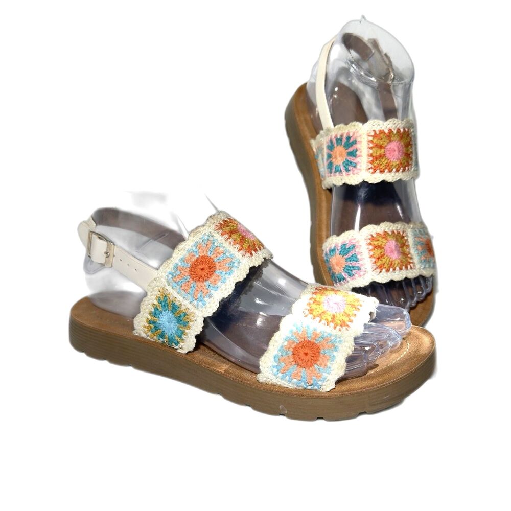 Forever Comfort Girls Crochet Floral Strappy Ankle Strap Buckle Sandals 5.5